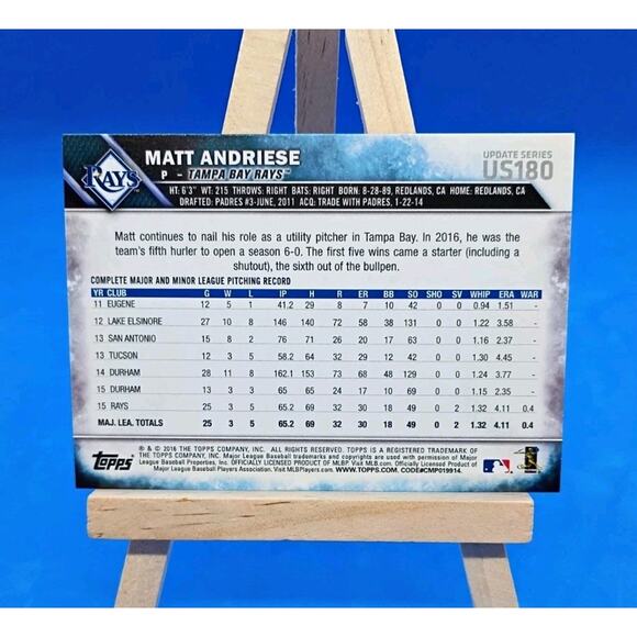 2016 Topps Update Series - Matt Andriese #US180 - Picture 3 of 4